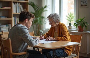 Fototapeta premium Teenage student studies with senior woman tutor at home. Boy prepares exam education concept. Instructor helps young man learn. Private lesson, togetherness, learning, homework, preparing,