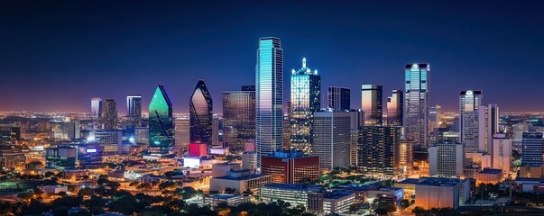 Fototapeta premium Vibrant dallas skyline at night with illuminated skyscrapers and city lights