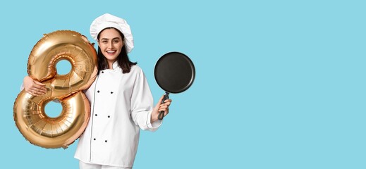 Young female chef holding balloon in shape of figure 8 and frying pan on light blue background with space for text. International Women's Day