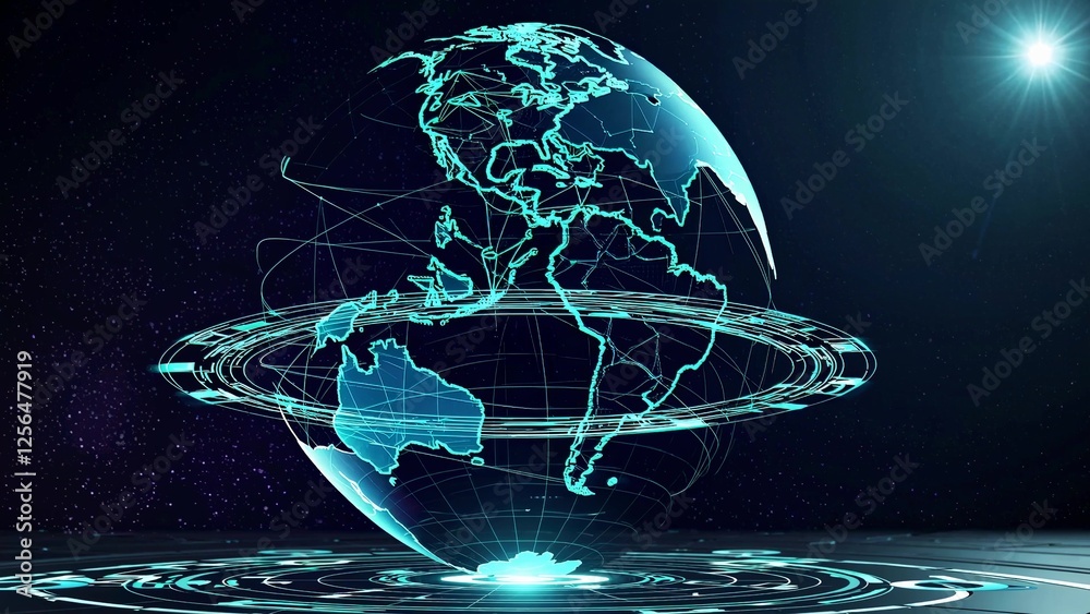 Poster digital world map rotating slowly, revealing interconnected network pathways, pulsing light rays ema