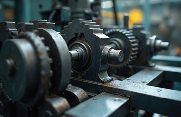 Close-up of metalworking machine with gears, screws, tooling. Industrial lathe for cutting, drilling, milling, shaping metal parts. Precision engineering, manufacturing, machining equipment in