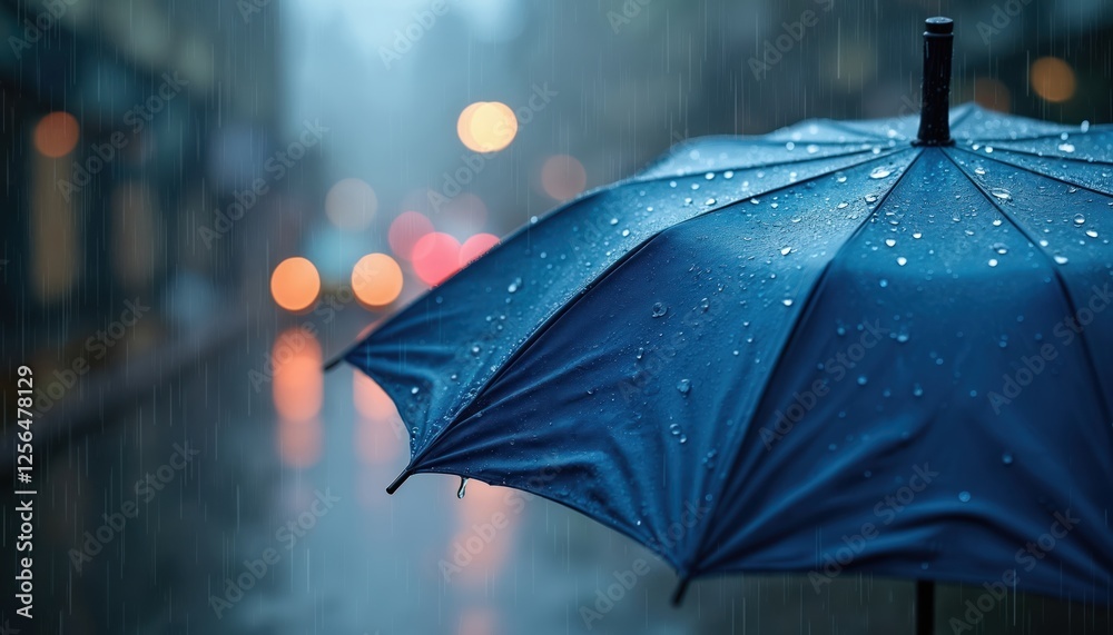 Poster close-up on blue umbrella with rain droplets during rainy day. dark background with bokeh effect. pr