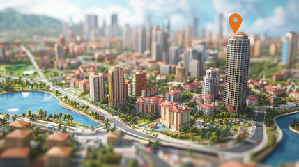 Naklejka premium Map pin pointer. 3D city.