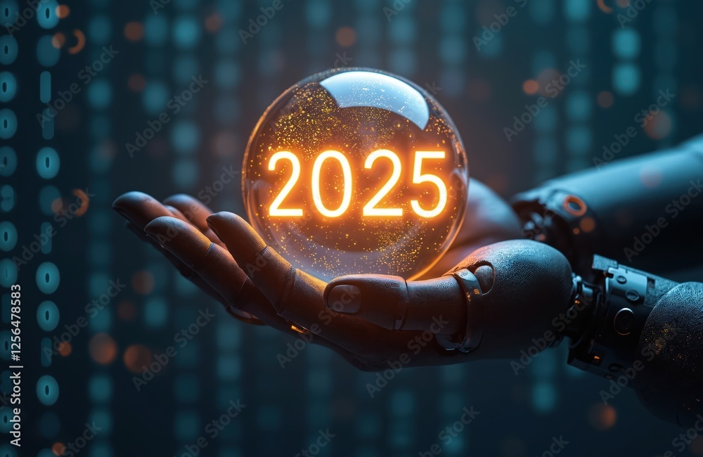 Poster illustration of robotic hand holding glowing sphere with number 2025. digital binary code background