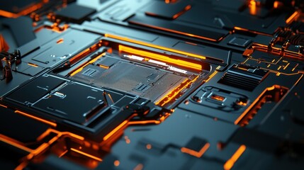 Futuristic Circuit Board Technology with Orange Glow: Innovation in High-Tech Digital Art and Electronics