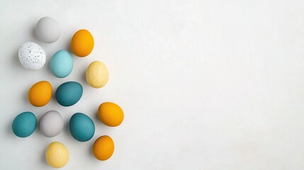   A cluster of eggs arranged on a white background with a blue and yellow egg centered