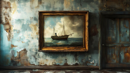 Faded oil painting of a ship, the frame chipped and worn, hanging in an old, abandoned house antique painting, timeworn art, vintage nautical. Time-Torn Landscapes. Illustration