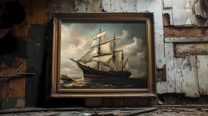 Faded oil painting of a ship, the frame chipped and worn, hanging in an old, abandoned house antique painting, timeworn art, vintage nautical. Time-Torn Landscapes. Illustration