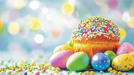 Obraz premium A cake with sprinkles on top, surrounded by eggs and confetti on a table