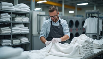 Man in apron folding white linens at commercial laundry. Male staff wearing gloves neatly stacks clean towels. Laundry service worker arranges textile in organized manner. Hotel industry, cleaning