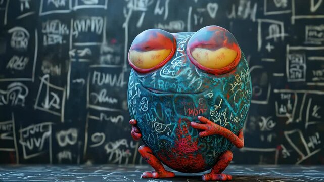 Colorful animated character sitting against a graffiti covered wall in urban setting