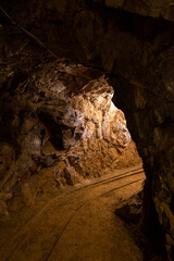 A dimly lit underground tunnel showcasing the rough texture of walls in an abandoned mining site, with rusted tracks fading into the darkness