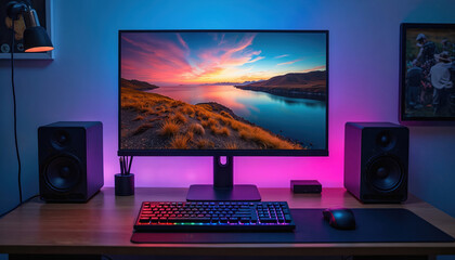 Modern computer setup with RGB keyboard, colorful desktop background. Monitor displays scenic landscape. Speakers, mouse, accessories on wooden desk. Stylish clean workspace at night, illuminated by