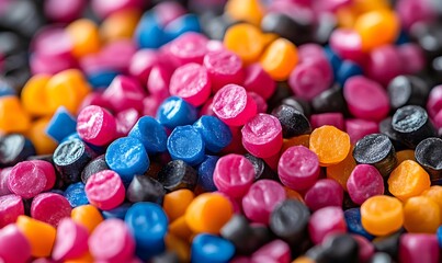 A macro shot of colorful plastic polymer pellets for manufacturing processes