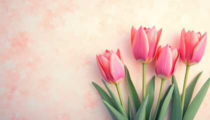 Fototapeta premium Pink tulips arranged on soft pastel background