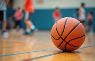 Close-up of basketball ball on court. Blurred feet of kids training in sport gym. Sport development concept. Orange ball on parquet floor. Kids learning to play basketball.