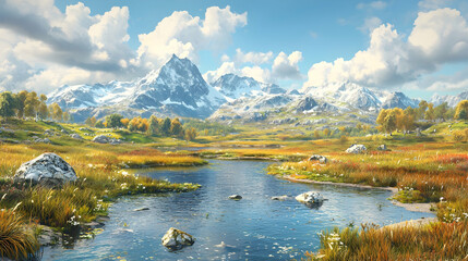 Autumnal mountain lake landscape; serene scenery