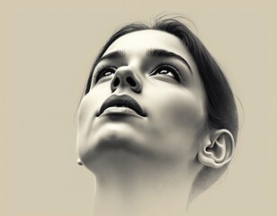Detailed close-up portrait drawing of person looking upwards. Monochrome art illustration in black, white color. Intense face expression with dreamy eyes, thoughtful look. Fine art graphic contrasts