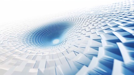 A visually striking vortex composed of layered geometric tiles in blue and white tones, forming a swirling, tunnel-like structure. AI generated.