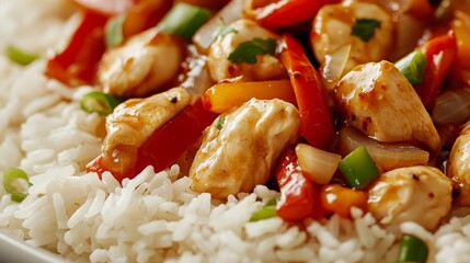 Close-up of rice with spicy Szechuan chicken. Featuring chicken in Szechuan sauce with bell peppers, served over rice. Emphasizing a flavorful, spicy dish. Ideal for Szechuan recipes.