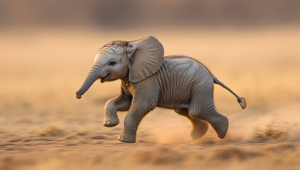 Fototapeta premium A baby elephant is running through the desert. The scene is peaceful and serene, with the baby elephant's movements creating a sense of freedom and joy