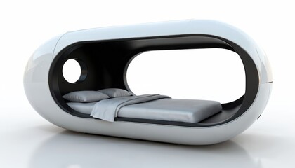Modern futuristic capsule bed design for deep relaxation. White, black colors. Innovation for home, hotel, apartment. Contemporary style, luxury furniture promotes comfort, rest, sleep, slumber.