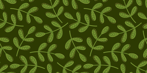 Vector floral pattern with green leaves on grass.