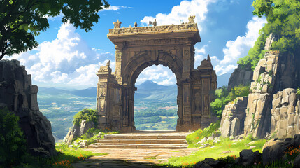 Fototapeta premium Sacred entrance of a timeworn temple with intricately carved stone archway, weathered by centuries of history, set against a vast landscape. Time-Torn Landscapes. Illustration