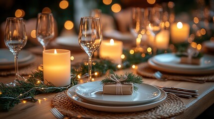 Elegant holiday dining table setting with candles, wine glasses, and festive decorations in a cozy atmosphere