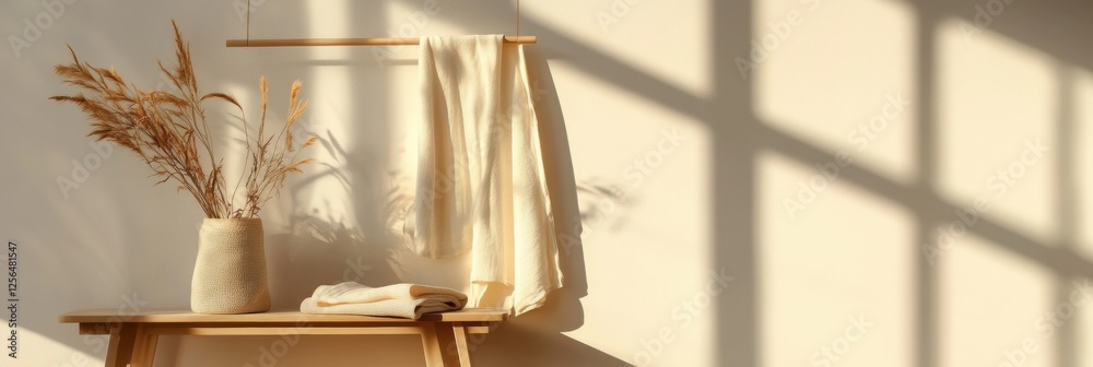 Poster minimalist clothing rack displays neatly arranged garments in a sunlit room with soft shadows and na