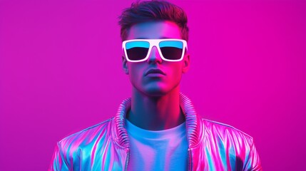 Youthful Model in Stylish Sunglasses Poses Against Vibrant Pink Background