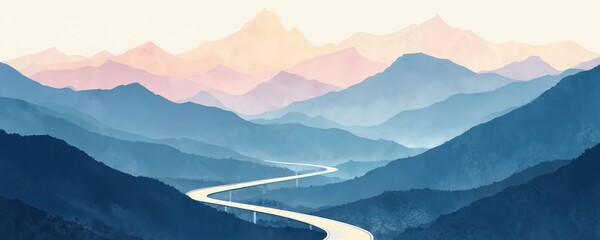 Watercolor mountain landscape illustration with soft triadic colors. Road winds between mountain range in flat design with gradients. Classic travel imagery. Blue silhouettes against pink sky