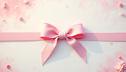 Pink ribbon bow on pastel background with flowers