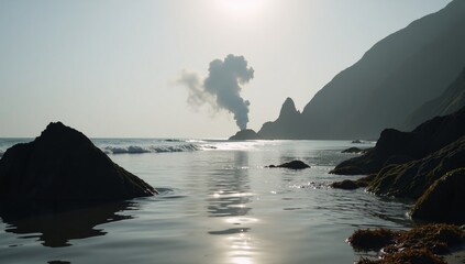 Mysterious coastal scene with foggy reflection and smoke overlay texture Stock Design Element