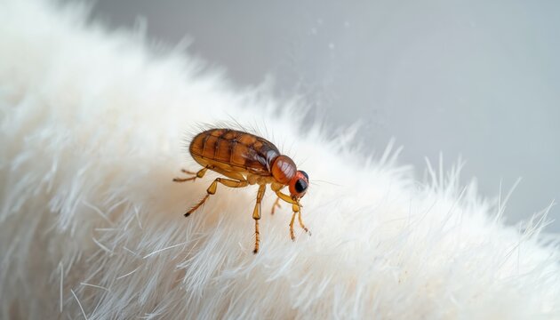 Close-up of flea parasite insect in white animal fur. Macro photo of pest dangerous for pets such as dogs and cats. Animal skin disease from flea bites. Fleas cause itching, discomfort.