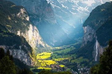 A magnificent view from above of the alpine valley of Lauterbrunnen. Location place Bernese Alps, canton of Bern, Switzerland, Europe.
