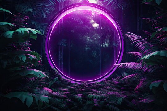 Neon circle surrounded by leaves and greenery, in the style of light violet, cinematic composition, deco-pop style