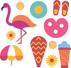 A collection of cartoon images of a flamingo, a heart, a cup, a cupcake