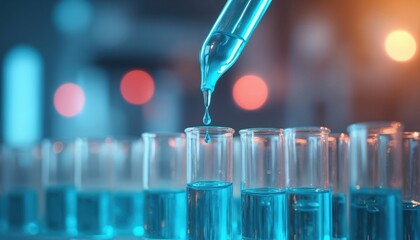 Pipette drops blue liquid into test tubes in chemical lab. Biotechnology applications in chemical sector innovation. Biological process in pharmaceutical research. Clean energy solution optimization.