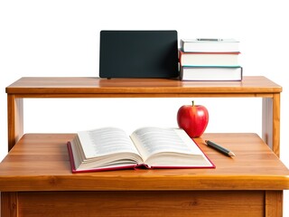Scholastic Essentials: Open Textbook and Red Apple on Wooden Desk