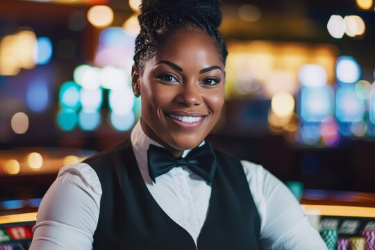 Smiling african female casino worker in formal attire with bow tie
