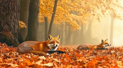 Fototapeta premium A pair of foxes lounge atop a heap of leaves adjacent to a woodland brimming with trees and foliage
