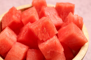 Bowl with pieces of fresh watermelon, closeup