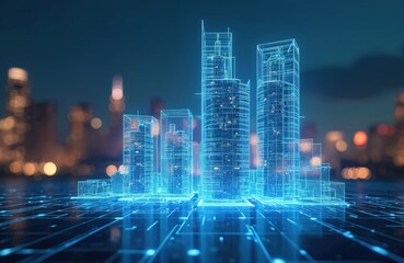 Virtual neon hologram interface of future residence construction. Digital concept background presents modern building project. Augmented reality tech, visual simulation of urban planning, mixed