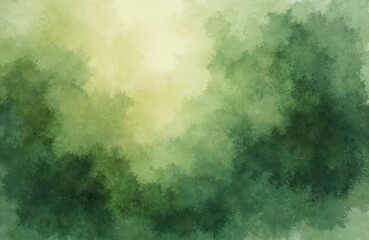 Obraz premium Dreamlike watercolor background illustration in shades of green. Olive sepia mossy texture with camouflage pattern. Soft muted harmonious blend evokes calmness mystery. Artistic design element for