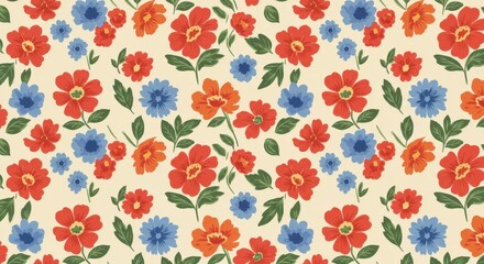 A vibrant and cheerful seamless floral pattern featuring red, orange and blue flowers with green leaves