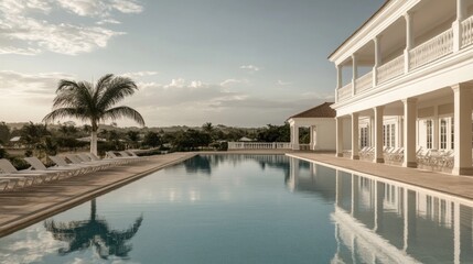Fototapeta premium Luxury villa pool, Caribbean sunset, tranquil landscape, vacation rental