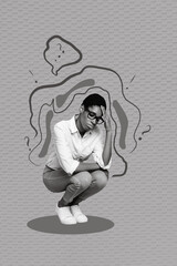 Vertical collage image of black white effect unsatisfied person have bad mood questioned isolated on drawing background