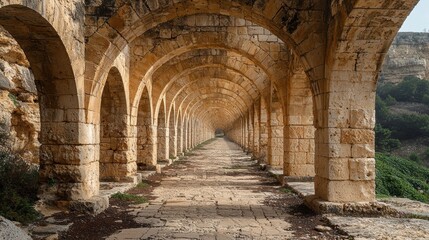 Obraz premium A long corridor of arches made of stone, leading into the distance.