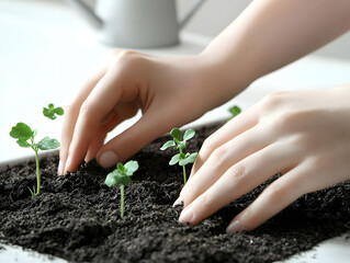 Hands Carefully Planting a Young Flower in Rich Soil During a Sunny Afternoon, Contributing to a Beautiful Garden on Plant a Flower Day
